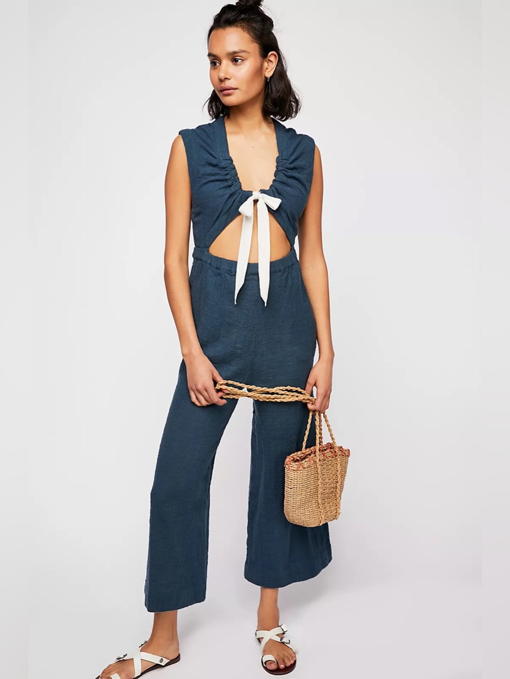 Free People Cotton Sleeveless Navy TieFront Jumpsuit Never Enough Endless Summer